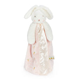 White bunny plush toy with pink blanket on a white background