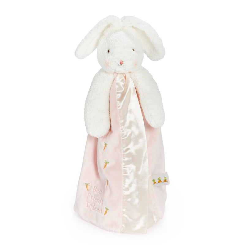 White bunny plush toy with pink blanket on a white background