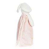 Pink plush toy with white bunny ears on a white background
