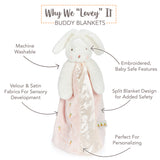 Buddy Blanket with bunny design and text highlighting features on a white background