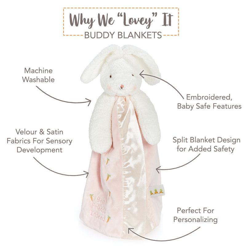 Buddy Blanket with bunny design and text highlighting features on a white background