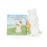 Children's book with illustrations of a dog and a bunny, accompanied by a plush toy bunny on a white background.