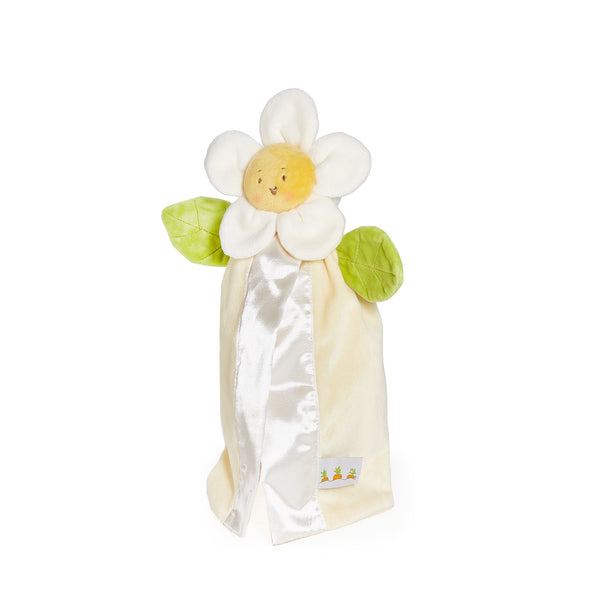 Side view of a plush daisy baby lovey with attached blanket
