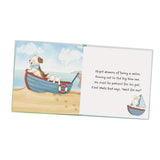 Illustrated child's board book with a dog in a boat and text on a white background