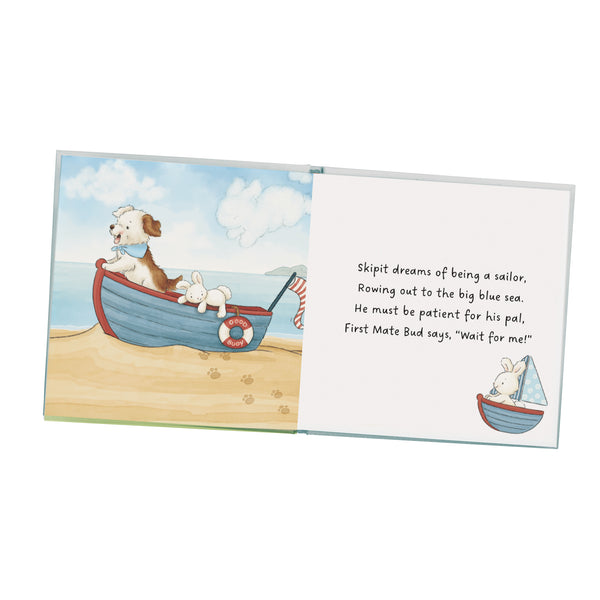 Illustrated child's board book with a dog in a boat and text on a white background