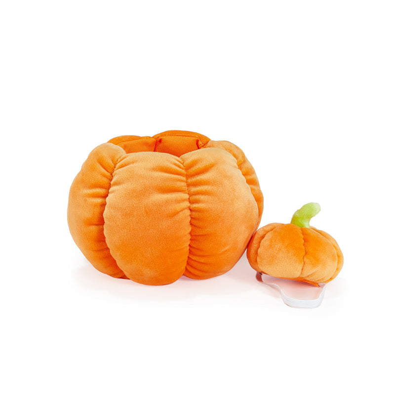 Orange plush pumpkin with a smaller pumpkin on a white background