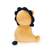 Plush lion toy with a navy blue mane on a white background