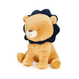 Side view of an orange lion stuffed animal on a white background