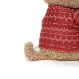 Close-up of a teddy bear wearing a red patterned outfit on a white background