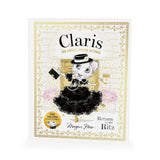 A hardcover book titled 'Claris: The Chichest Mouse in Paris' by Megan Hess, featuring a whimsical illustration of a mouse in a black ruffled dress and hat holding a purse, set against a clean white background.