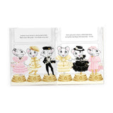 An open children's book showing a whimsical illustration of five mice dressed in different formal outfits, each standing on a gold pedestal. 