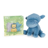 Blue plush hippo toy next to a book titled 'Critter Crews' on a white background