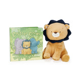 Plush lion toy with a book titled 'Critter Crews' on a white background