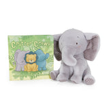 Plush elephant toy with a book titled 'Critter Crews' on a white background