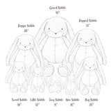 Illustration of various sizes of plush bunnies with measurements.
