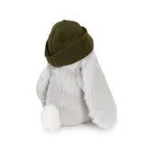 A plush stuffed bunny toy in white and light gray, wearing an olive green knit hat with patterned inner ears, photographed on a clean white background.