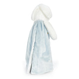back view White plush bunny with a blue and white blanket on a white background