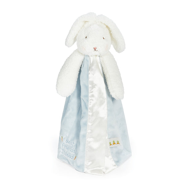 White bunny plush toy with a blue blanket on a white background