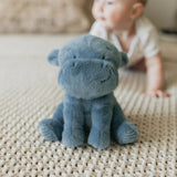 Blue hippo stuffed animal on a textured blanket
