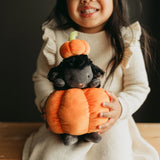 A smiling child in a cream ribbed sweater holds a plush toy featuring a black sheep sitting inside an orange pumpkin with a smaller orange pumpkin on top.