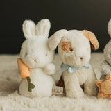 Two plush toys, a rabbit and a dog, sitting on a soft surface with a dark background.