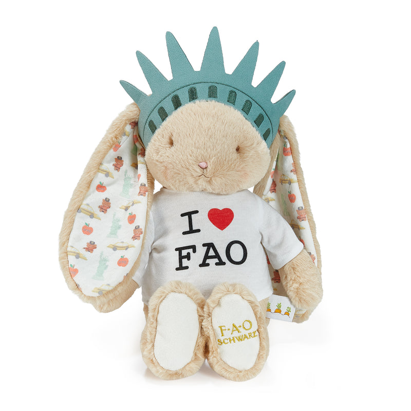 Plush toy with Statue of Liberty hat and 'I ❤️ FAO' shirt on a white background