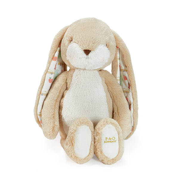Plush bunny toy with patterned ears on a white background