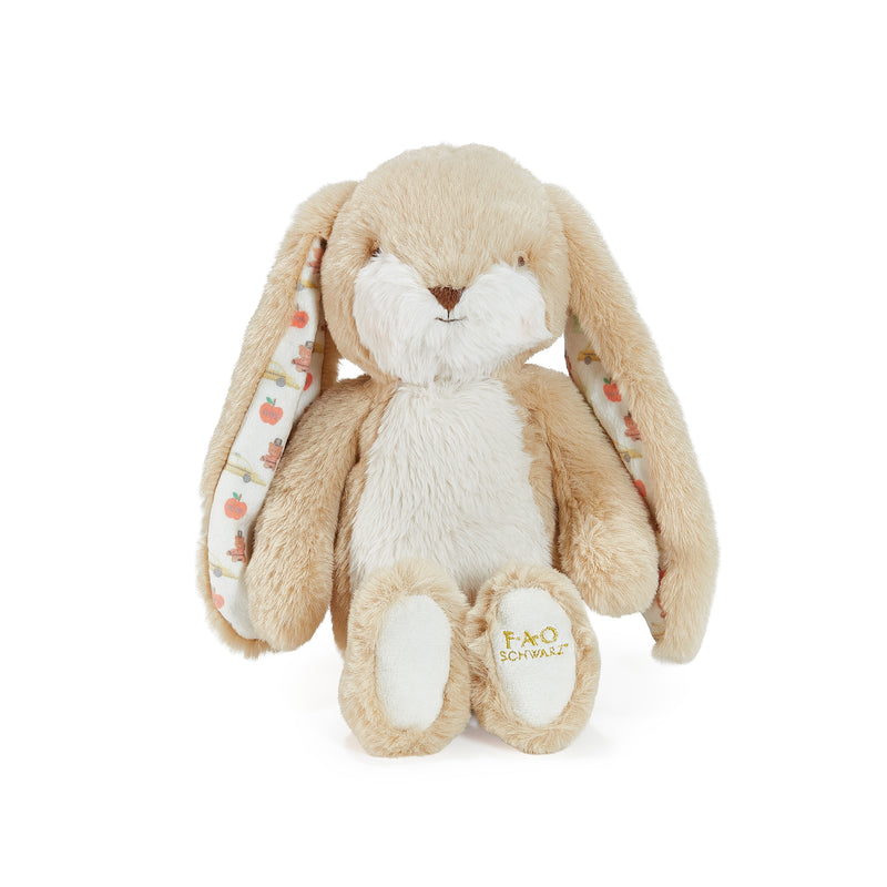 Plush bunny toy with a white belly and beige ears on a white background