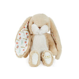 Plush bunny toy with patterned ears on a white background