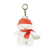Plush snowman keychain with a red hat and scarf on a white background