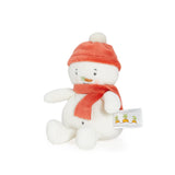 Plush snowman toy with a red hat and scarf on a white background