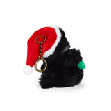Black plush toy with a Santa hat and keychain on a white background