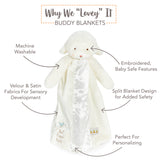 Buddy Blanket on white background with text denoting features "why we lovey it"
