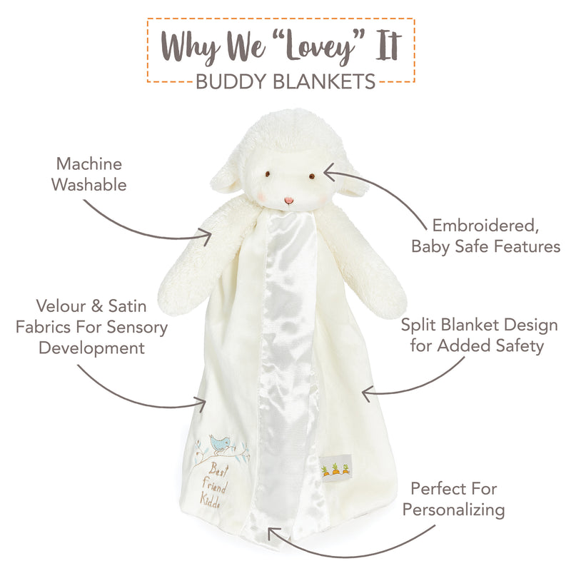 Buddy Blanket on white background with text denoting features "why we lovey it"
