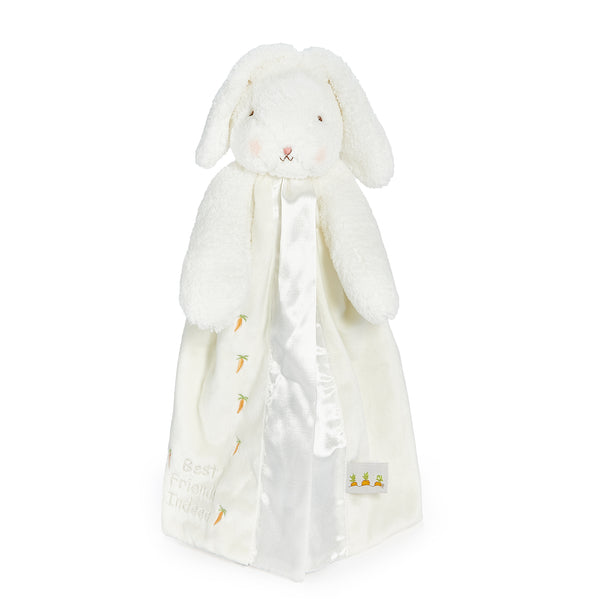 White plush bunny with a blanket on a white background
