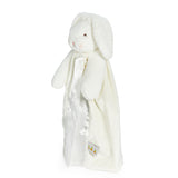 side view White plush bunny with a matching blanket as the body on a white background