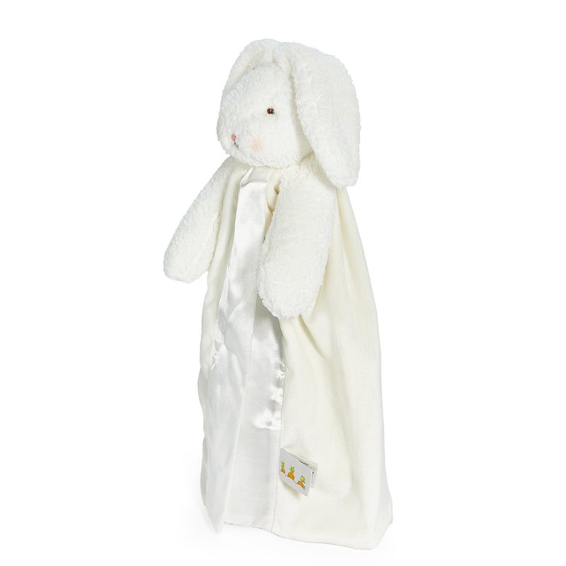 side view White plush bunny with a matching blanket as the body on a white background