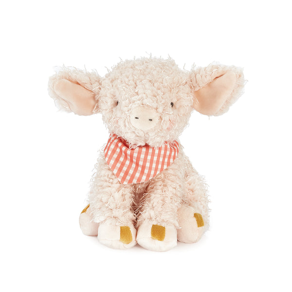 Plush pig toy with a red checkered scarf on a white background
