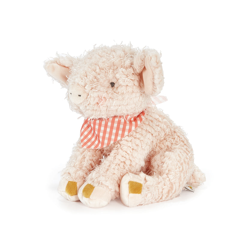Plush pig toy with a red and white checkered bow tie on a white background
