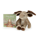 Plush moose toy with a matching book on a white background