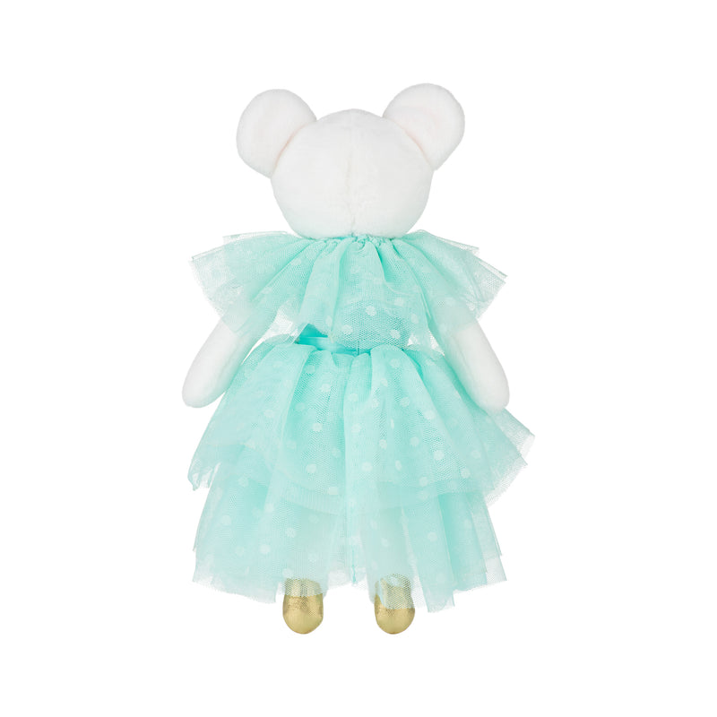 White mouse with a turquoise tutu dress on a white background
