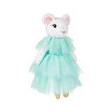Plush toy mouse in a turquoise dress on a white background