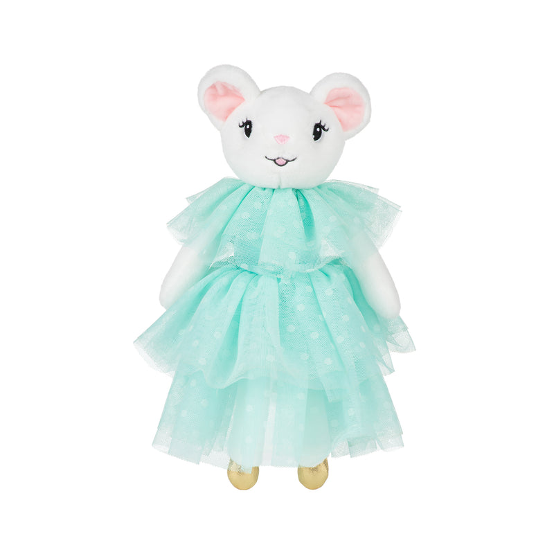 Plush toy mouse in a turquoise dress on a white background