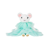 Plush toy mouse in a turquoise dress on a white background