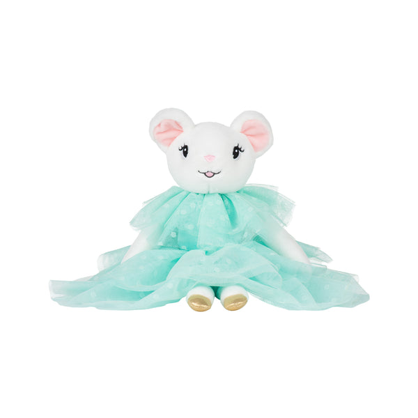Plush toy mouse in a turquoise dress on a white background