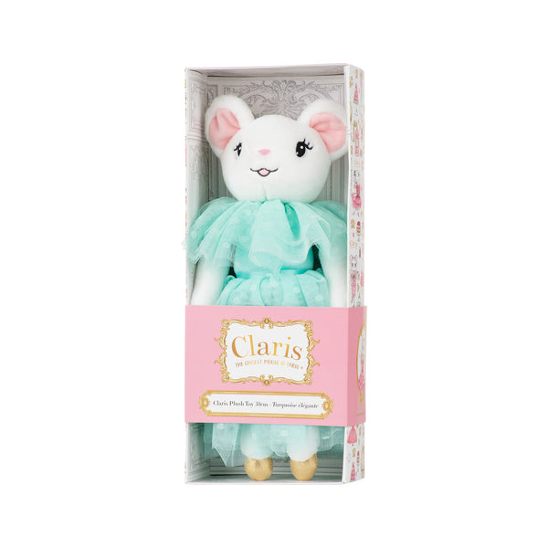 Plush toy mouse in a teal dress with 'Claris' branding on a white background