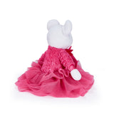 A white plush mouse toy shown from the back, wearing a bright pink textured top and a layered pink tutu skirt, on a plain white background.