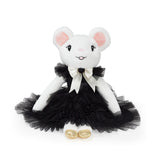 White mouse doll in a black ruffled tulle dress.