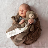 Newborn baby wrapped in a brown blanket with a teddy bear, lying on a textured surface.
