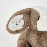 Plush dog toy with embroidered name on the ear, sitting on a light background